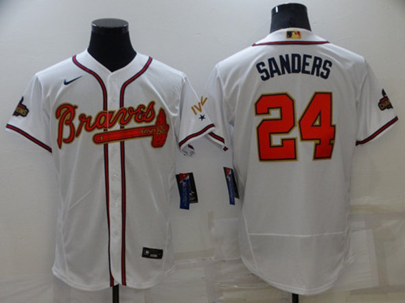 Men's Atlanta Braves #24 Deion Sanders 2022 White/Gold World Series Champions Program Flex Base Stitched Baseball Jersey